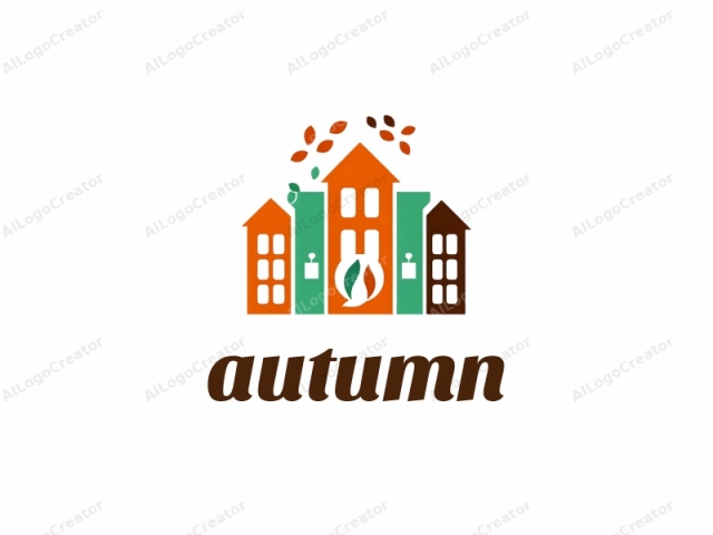 This logo, created in a clean, modern graphic design style, features a stylized depiction of several houses. The houses are arranged horizontally, with the leftmost house colored in an orange-red, the middle house in a green, and the right