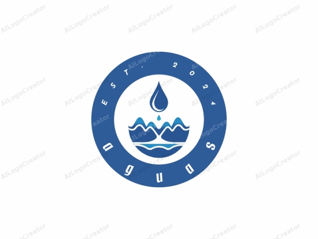 Dieses Logo zeigt eine stilisierte, abstrakte Darstellung von Wasser und Bergen. Es verwendet kühne, klare Linien und einen minimalistischen Ansatz. Das Design konzentriert sich auf einen zentralen blauen Tropfen, der einem Tränentropfen oder Wassertropfen ähnelt, positioniert an der