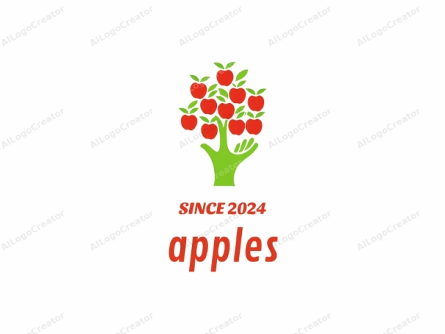 Este es un logo digital simplificado y estilizado que presenta un árbol de manzanas rojo sobre un fondo blanco liso. El árbol de manzanas está centrado en la imagen, ocupando la mayor parte del espacio. El tronco del árbol se representa de un verde vibrante, mientras que las hojas