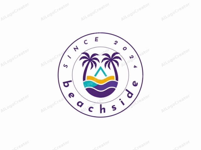 El logotipo es una representación estilizada de una escena de playa tropical, representada en un estilo de diseño gráfico moderno y vibrante. Presenta una figura central que se asemeja a una ola estilizada con líneas suaves y curvas en tonos de amarillo, verde azulado y morado.