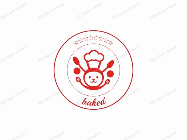 Este es un dibujo digital de un chef estilizado y caricaturesco. El chef está representado en un diseño minimalista y plano, con líneas gruesas y rojas sobre un fondo blanco. La cabeza del chef tiene la forma de un sombrero de chef simplificado, y