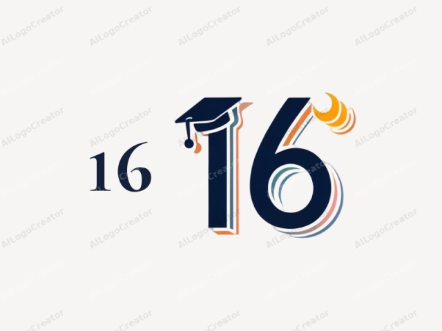 featuring a stylized and abstract design. The logo consists of the number "16" in large, bold font. The numeral "6" is designed to resemble a graduation cap, with a dark blue brim and orange tassel hanging from the