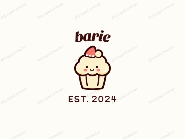 La imagen es un logo en estilo de dibujo animado que presenta un cupcake simple y lindo. El cupcake está representado en un diseño minimalista y plano con contornos gruesos y negros, y sombreado sutil para indicar textura. Su cuerpo es de un color crema blanquecino, y