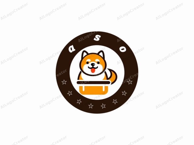 a dog. The image is a stylized, minimalist logo featuring a chubby, happy dog. The dog is depicted with a rounded, orange body, outlined in dark brown. Its head, snout, and ears are a lighter shade of orange