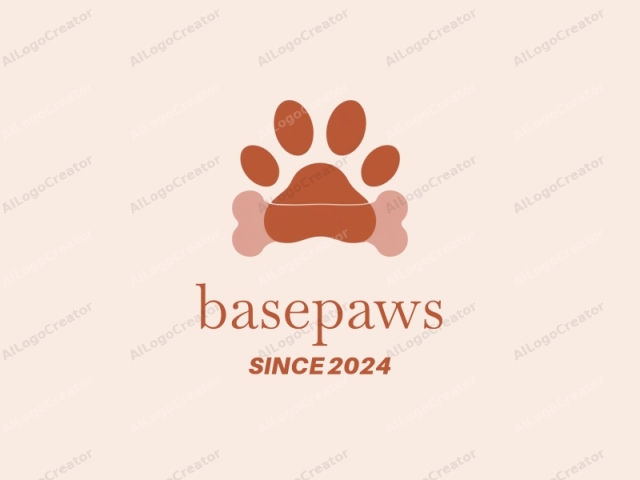 The image is a minimalist, flat design featuring a stylized dog paw and bone, set against a solid, pale beige background. The paw is positioned centrally, showcasing four oval pads with a slight indent in the middle to suggest the toes, and