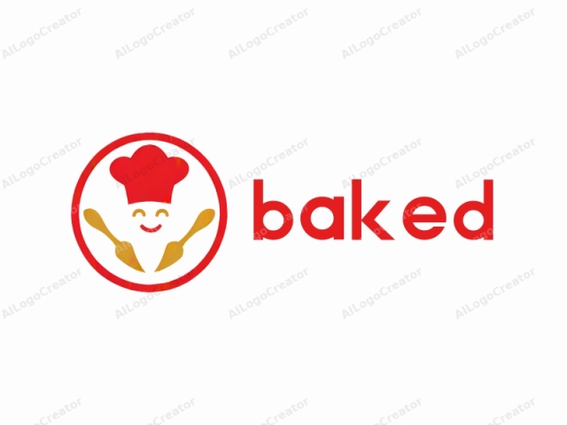 Este es un logo estilizado que presenta una representación simplificada y caricaturesca de un chef. El chef está representado en el centro y tiene una cara alegre y sonriente con los ojos cerrados, lo que indica felicidad y satisfacción. Su cara está coloreada en un tono rojo vívido.