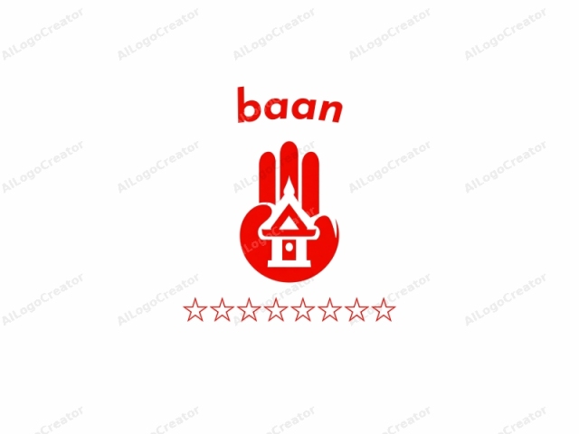 This is a digital graphic logo featuring a bold, minimalist design. The logo is composed of three primary colors: red, white, and black. The central image depicts a large, stylized red hand, palm facing upward. The hand is simplified