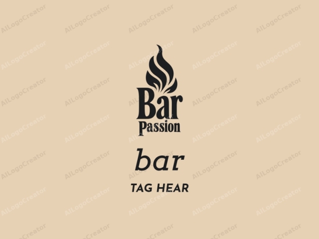 Dieses Bild ist ein digitales, minimalistisches Logo für eine Bar namens "Bar Passion." Das Design besteht aus zwei Hauptelementen. Der obere Teil zeigt eine stilisierte, abstrakte Darstellung von Flammen oder einer brennenden Fackel in einer schlanken, glatten Form. Dies