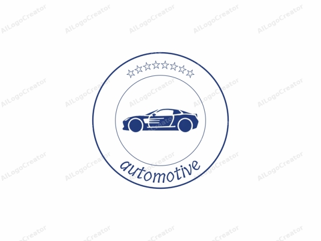 Este es un diseño de logotipo minimalista en un estilo moderno y elegante, que presenta un perfil lateral de un auto deportivo elegante renderizado en un color azul sólido sobre un fondo blanco intenso. El auto está estilizado, enfatizando su diseño aerodinámico y líneas dinámicas.