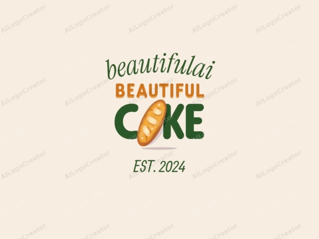 「beautiful cake」というフレーズを特徴とし、奇抜で遊び心のある美学を表現。テキストは、3つの異なるサイズと色の太いサンセリフフォントで目立つように表示されています。最も大きな文字「BEAUTIFUL」は深緑色で、