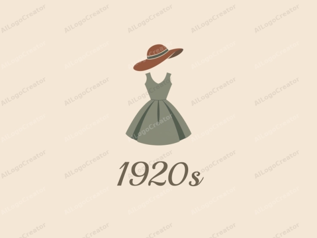 The image is a minimalist vector illustration of a woman's dress and hat, presented against a plain beige background. The dress is a sleeveless, A-line style dress in a muted olive green hue, featuring a V-neckline and a flared