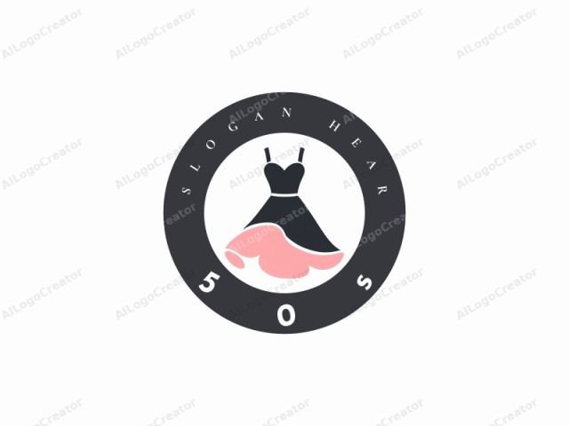 La imagen del logo es un dibujo simple y estilizado de un vestido sobre un fondo blanco liso. El vestido se representa en un diseño minimalista y plano con un corpiño azul marino oscuro y una falda rosa claro llamativa. El corpiño presenta una correa