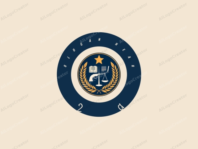 The image is a stylized emblem, featuring a circular design against a light beige background. The emblem is composed of several elements in a monochromatic color palette. The central motif includes a blue and orange color scheme with a prominent orange star in