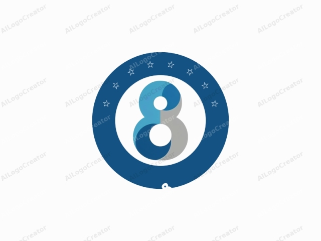 The image features a stylized number "8" set against a plain white background. The design of the number "8" is modern and minimalist. The central portion of the number is a large, solid blue circle. Surrounding the blue circle