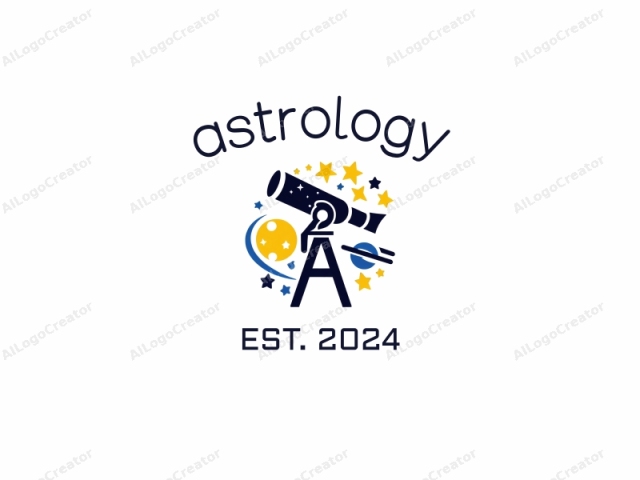 This digital logo features a simplified, abstract design in a clean, modern style. The primary subject is a large, stylized telescope with a navy blue barrel and yellow eyepiece, prominently situated at the top center. The telescope stands on a