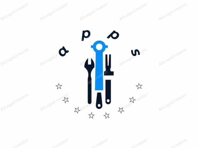 This is a minimalist, flat design logo with a clean and modern aesthetic. The main object is a blue wrench positioned centrally, resembling a common adjustable wrench. To the left of the wrench is a black screwdriver, its handle tapering to a