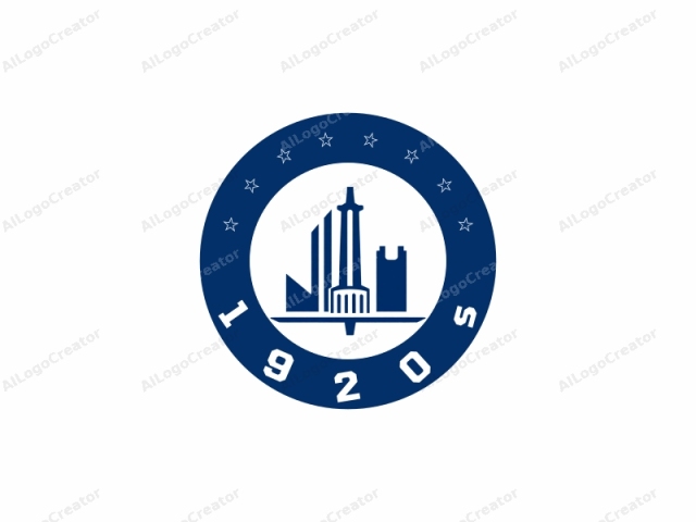 in a stylized, minimalist, digital art style. The image is a clean, blue silhouette logo against a stark white background. It represents a city skyline featuring two prominent structures. The taller structure, located to the left, resembles a modern skyscraper