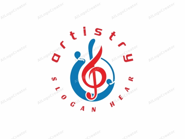 This digital logo, set against a clean, white background, features a stylized musical note within a circular emblem. The note, in a bold, modern design, is composed of three distinct elements: a red treble clef, a blue