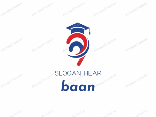 This is a stylized, minimalist logo featuring a combination of geometric shapes and colors. The logo consists of three primary elements: a blue and red circle with a stylized ear inside, a blue graduation cap with a tassel, and a white