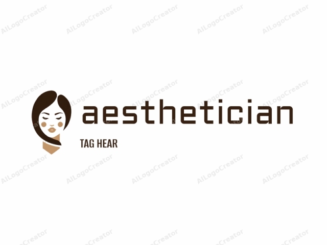 Esta es una ilustración de un logo que representa un rostro femenino estilizado. La imagen presenta un diseño minimalista y moderno. El rostro del sujeto está ubicado en el centro, con una composición limpia y simétrica. El fondo es blanco puro, resaltando los tonos marrón oscuro y beige.