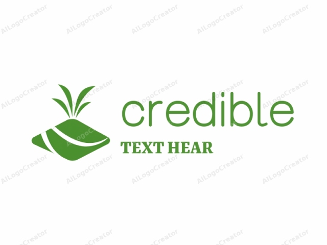 The image is a minimalist, vector-based logo in green and white. The primary subject is a stylized, green leaf with a smooth, curved edge. The leaf is depicted in a diamond shape, with a curved, white line running horizontally across