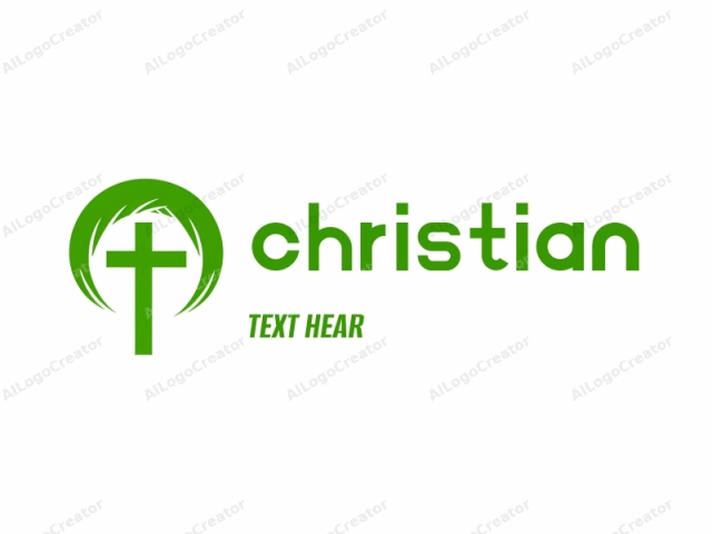 Esta imagen es un logo digital que presenta una cruz verde estilizada con una forma de hoja curva prominente detrás. La cruz está posicionada centralmente sobre un fondo blanco y es un diseño simple y sin adornos con líneas rectas. La cruz verde es