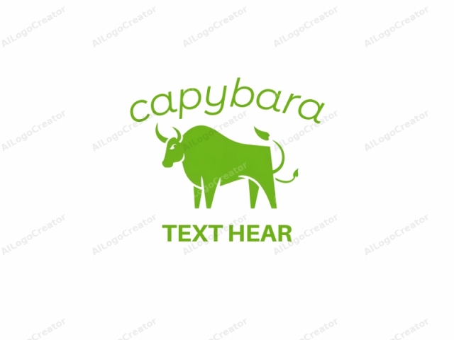 This is a minimalist logo design of a bull. The bull is depicted in a stylized manner with bold lines and flat colors. The primary color is vibrant green, which creates a vivid contrast against the stark white background. The bull's body is