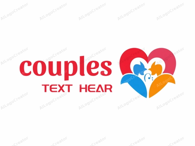 The image is a digital logo design featuring a stylized heart shape with vibrant colors and abstract animal forms inside. The heart is split horizontally into three sections. The top section is red, the middle is blue, and the bottom is yellow. In