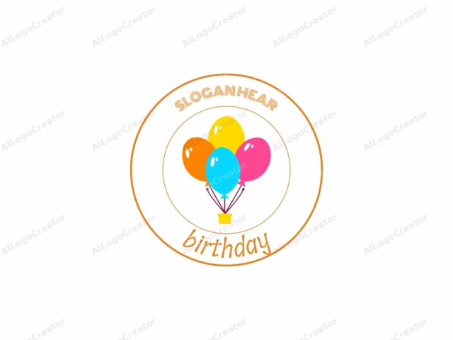 depicting a colorful cluster of balloons floating against a plain white background. Each balloon is vividly colored, with one in orange, one in blue, one in yellow, and one in pink. They are arranged in a circular formation, each with a