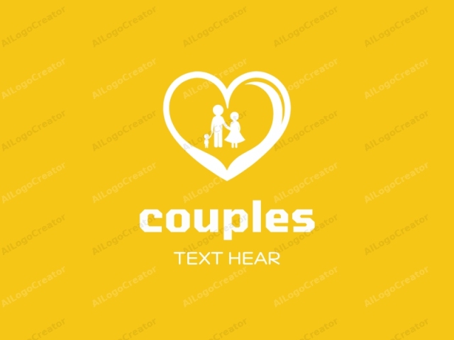 This image is a digital graphic featuring a simple, stylized logo set against a vibrant yellow background. At the center of the image, a white silhouette of a family of three figures is prominently displayed within the outline of a large heart shape. The