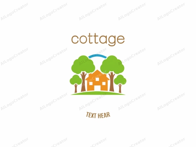 Este es un logotipo simple y estilizado que presenta una casa en su centro, representada en un estilo gráfico vectorial plano. La casa está coloreada en un vibrante naranja, destacándose sobre un fondo de dos grandes árboles frondosos a cada lado, cada uno con