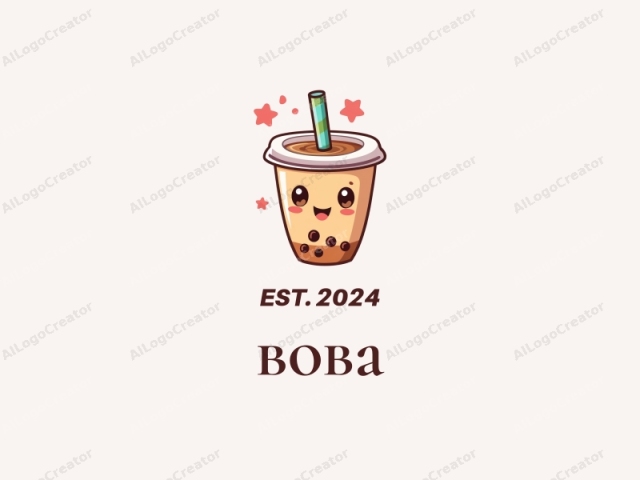 This digital drawing, featuring a cartoonish, cute, and whimsical style, depicts a boba tea cup. The tea cup, with a beige-colored beverage, is designed to resemble a smiling face with large, round, black eyes, a