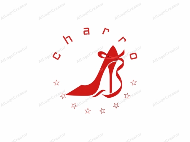 This is a stylized, minimalist logo featuring a high-heeled shoe in the center against a stark white background. The shoe, depicted in a vibrant red hue, is rendered in a sleek, modern design. Its high heel is sharply angled and