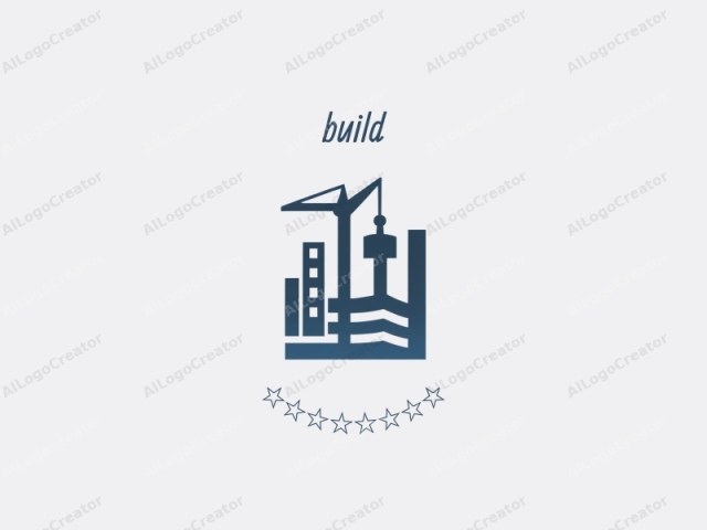 which features a stylized, minimalist drawing of a construction site in the center. The image is rendered in a simple, geometric design using a limited color palette of blue and white. At the top of the image, a crane is depicted with its