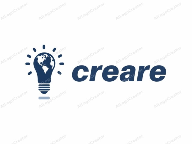 This image features a minimalist, monochromatic design, consisting of a light bulb silhouette rendered in a deep navy blue hue. The bulb is depicted in an upward position, symbolizing illumination or inspiration. Surrounding the bulb are stylized, circular