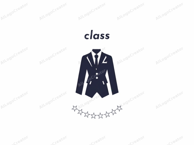 representando un traje formal. El logo es una ilustración digital, caracterizada por su simplicidad y diseño minimalista. El sujeto es un traje azul marino de hombre, presentado de frente, sin contexto o fondo adicional. El traje presenta un diseño clásico con