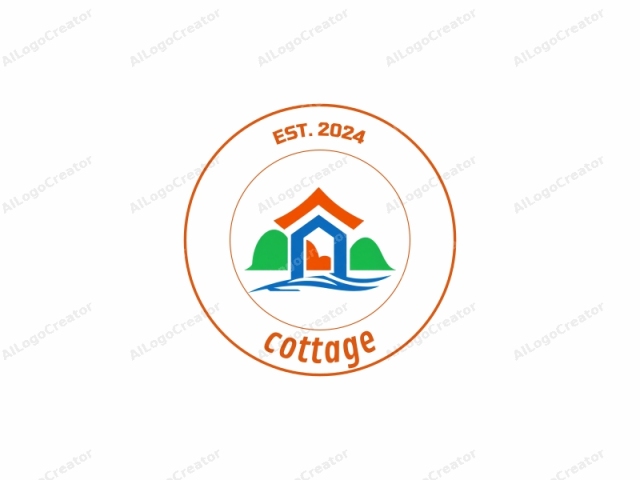 El logotipo es una ilustración simplificada y abstracta que presenta una casa. La casa está representada en un estilo moderno y minimalista con líneas limpias y colores vibrantes. El techo de la casa es naranja, y las paredes son azules y verdes. La parte frontal de la