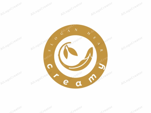 La imagen es un logo minimalista que presenta un diseño abstracto. El elemento principal es una hoja o pluma estilizada, representada en un color dorado-marrón sobre un fondo blanco puro. La pluma se muestra en una curva suave y fluida, con variaciones sutiles