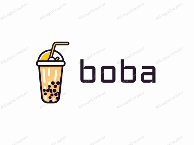 a bubble tea glass with a straw, created in a simple, flat vector art style. The illustration features a clear, cylindrical glass filled with a pale yellowish liquid and topped with several black tapioca pearls. The glass has a thick, white