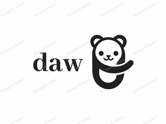 Esta imagen es un logo minimalista en blanco y negro que presenta un oso panda estilizado. El cuerpo del panda está dibujado con una forma curva y audaz, con un contorno redondeado y simple. Su cabeza es pequeña, con dos ojos circulares negros, y un