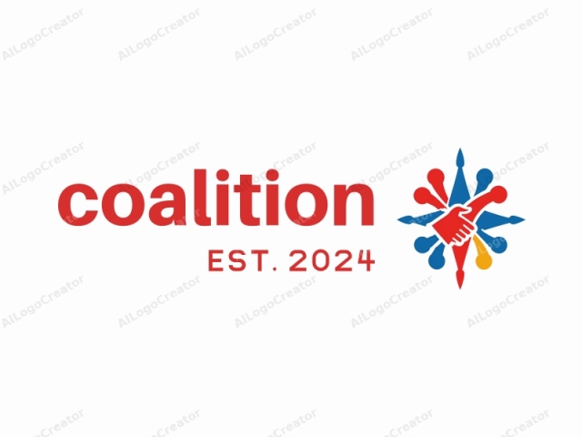 characterized by its vivid colors and minimalist design. This is a stylized logo, primarily consisting of two prominent red and blue shapes. At the center of the image, there is a red hand with the thumb pointing up, symbolizing collaboration, agreement