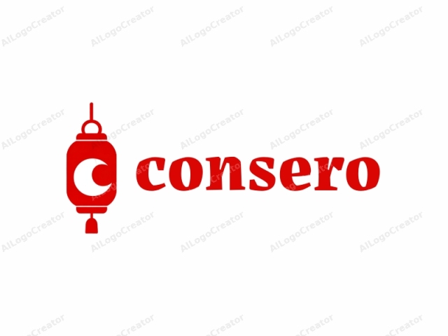 using the given keywords and descriptive phrases. This logo image features a simplistic, red, round lantern symbol. The lantern is hung by a loop at the top, which is also red. The body of the lantern is white, with a central,