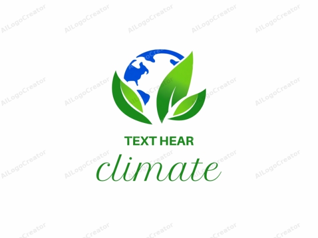 This logo is a stylized, minimalist design featuring a blue globe with continents and white countries, centered against a white background. Encircling the globe are two large, vibrant green leaves, one on each side. The leaves are depicted with smooth