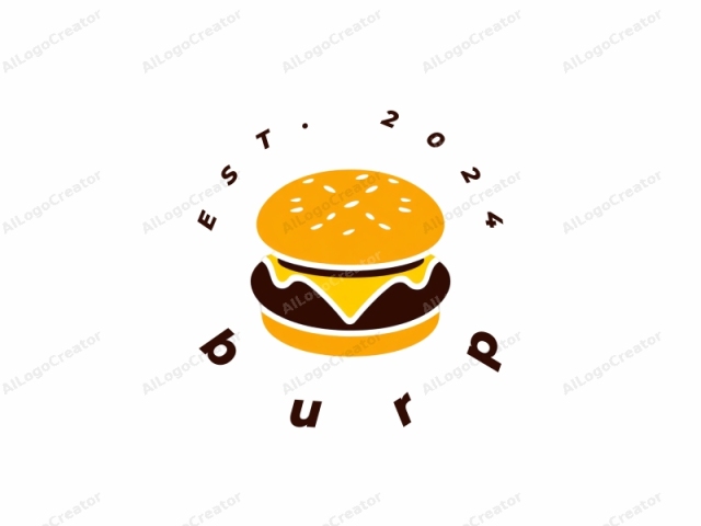 この画像は、ハンバーガーのミニマリストベクターグラフィックイラストレーションです。ハンバーガーは、シンプルな白い背景に対して中央に配置され、その鮮やかな色とシンプルなデザインが強調されています。バンは豊かで鮮やかなオレンジ色で描かれ、わずかに不規則な形状を持っています。