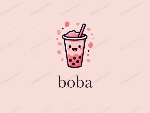 in a cartoon digital drawing style. This image features a whimsical, cute, and cheerful character of a boba tea cup with a happy face. The boba tea cup is predominantly pink and has a small, circular lid with a black handle protr