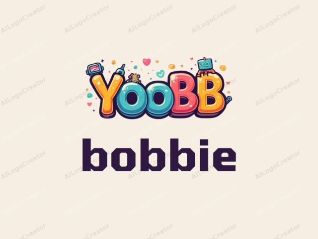 This image features a vibrant, whimsical logo with a light beige background. The central element is the word "YOOBB," which is stylized in a bold, playful manner with a glossy, three-dimensional effect. Each letter is a vibrant