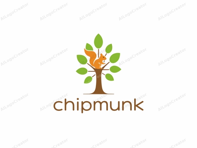 La imagen es un logotipo simple y estilizado de un árbol y una ardilla. El árbol se representa con un tronco y ramas marrones y hojas verdes. La ardilla está situada en la rama más alta del árbol y está dibujada con un tono naranja.