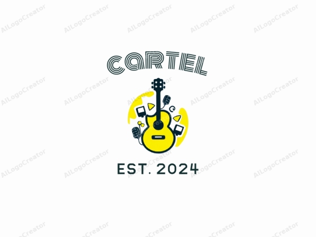 Este logo, representado en un estilo de arte digital minimalista, presenta una guitarra acústica estilizada con un cuerpo amarillo y un clavijero, puente y mástil negros. La guitarra está colocada en el centro con sus cuerdas y trastes visibles. Rodeando la guitarra hay