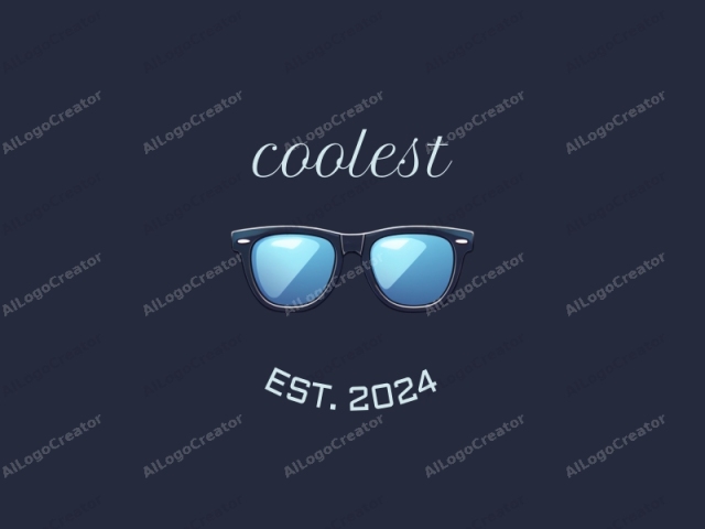 Dieses Bild ist eine Vektorillustration einer klassischen schwarzgerahmten Brille vor einem dunkelblauen Hintergrund. Die Brille ist in einem vereinfachten, modernen Stil mit sauberen, glatten Linien und minimalistischen Details dargestellt. Sie verfügt über eine glänzende blaue Linse