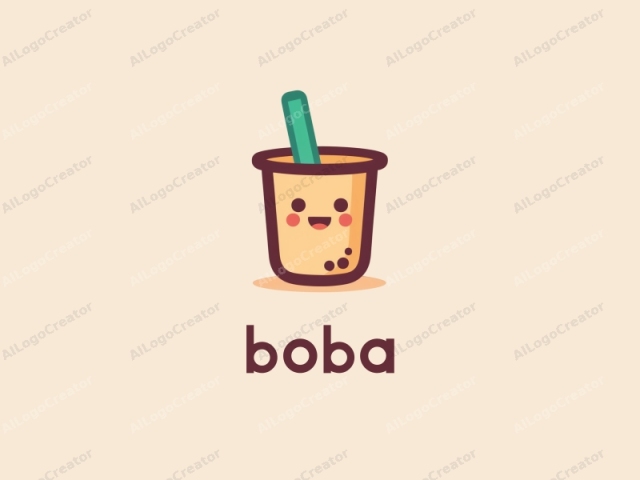 The image is a digital drawing in a clean, minimalist style with a flat color palette. The subject is a cartoonish cup of bubble tea, represented in a whimsical, adorable manner. The cup is drawn in a warm, beige tone with